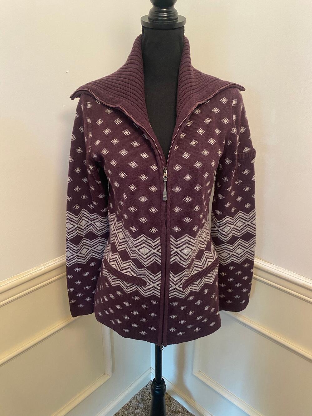 Athleta Teton Wool Blend Full Zip Nordic Cardigan Sweater Jacket Purple Pattern